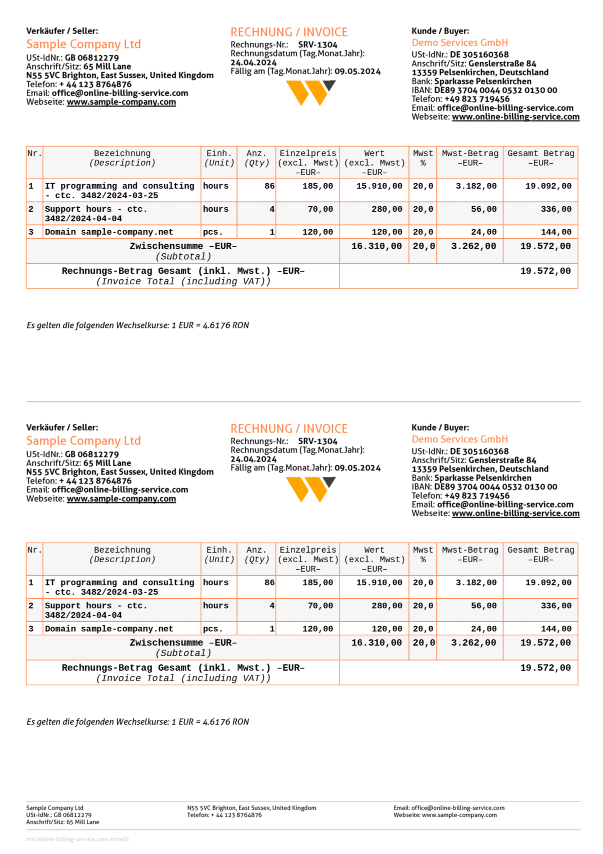 Invoice 2x on A4, EUR, German