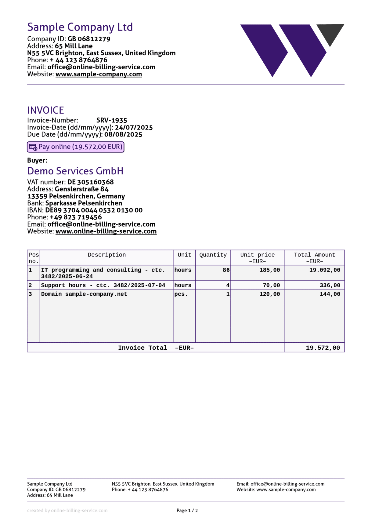 Invoice without VAT, EUR, English
